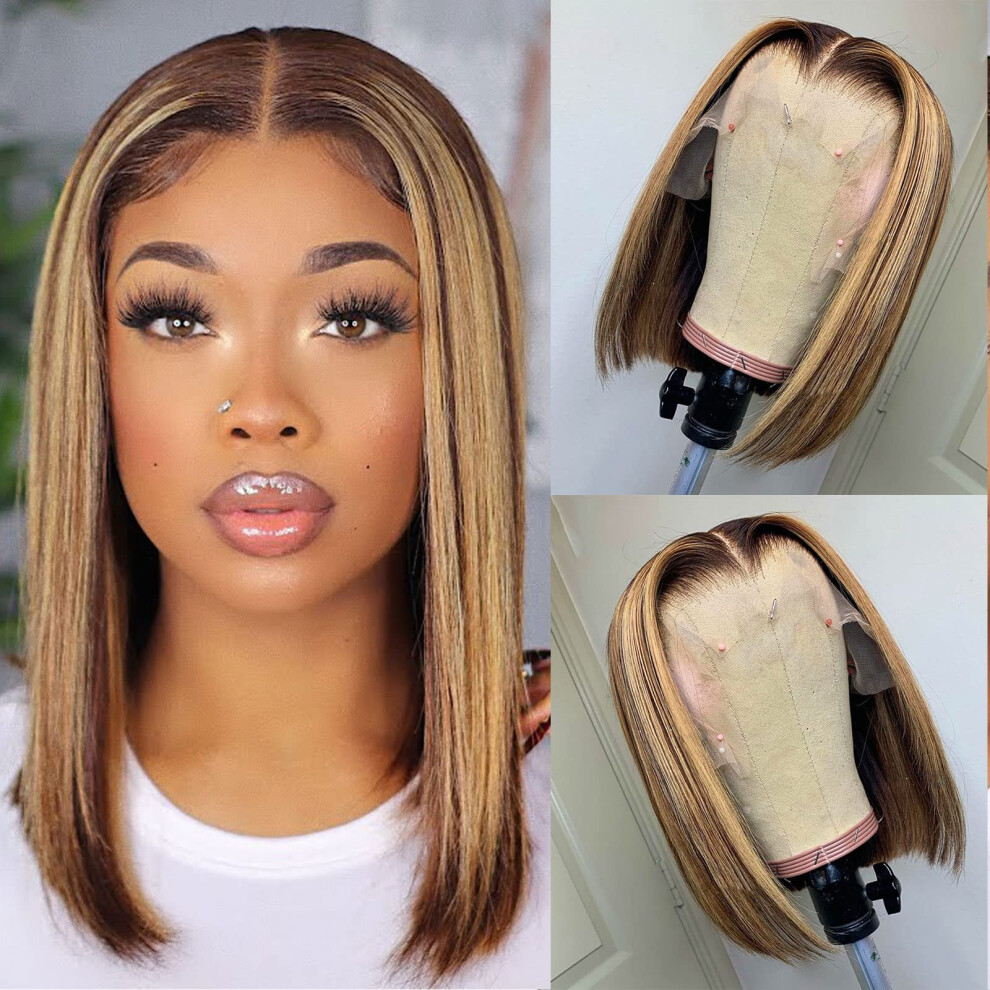 Unisex Blonde Human Hair Lace Front Wig 10 Inch Bob Ombre Highlight Natural Hairline For Women