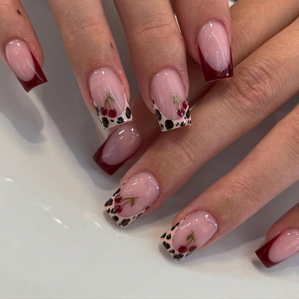 Leopard Print and French Tip Press On Nails Set 24Pcs Square Fake Nails with Glue for Salon Look