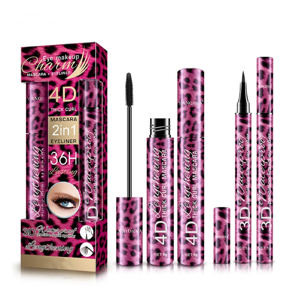 4D Silk Fiber Waterproof Mascara and Long Lasting Eyeliner Set, Volumizing Lengthening, Clump