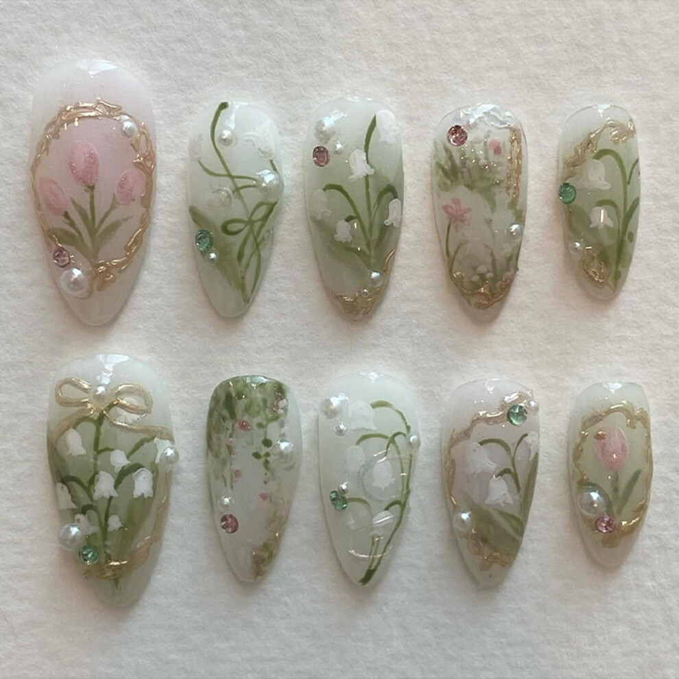 24Pcs Almond Press On Nails with 3D Rhinestones and Pearls, Elegant Flower Design Fake Nails