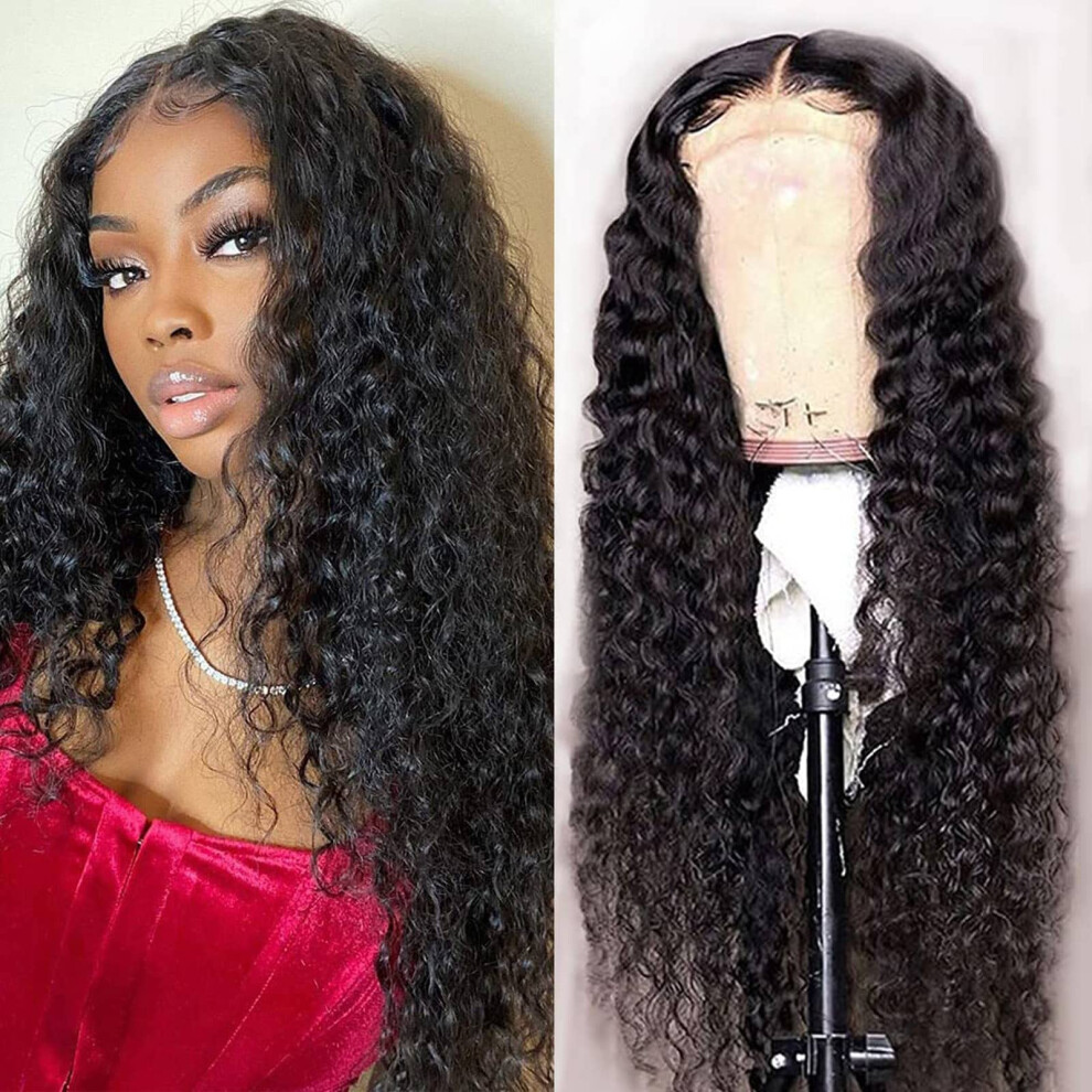 Human Hair Lace Front Wig 4x4 Brazilian Deep Wave Pre Plucked Wet and Wavy with Baby Hair 18 Inch