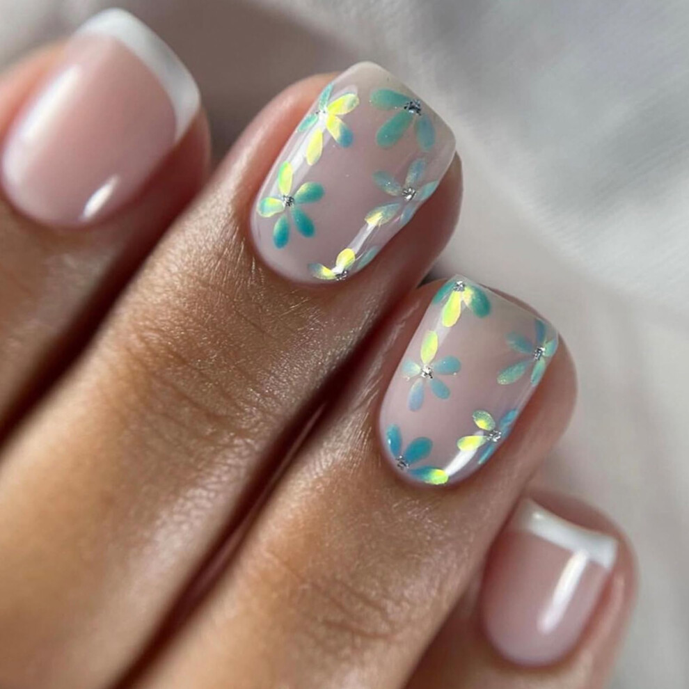 Short Square Floral Press On Nails, 24pcs Fake Nails for Special Occasion, Natural Full Coverage