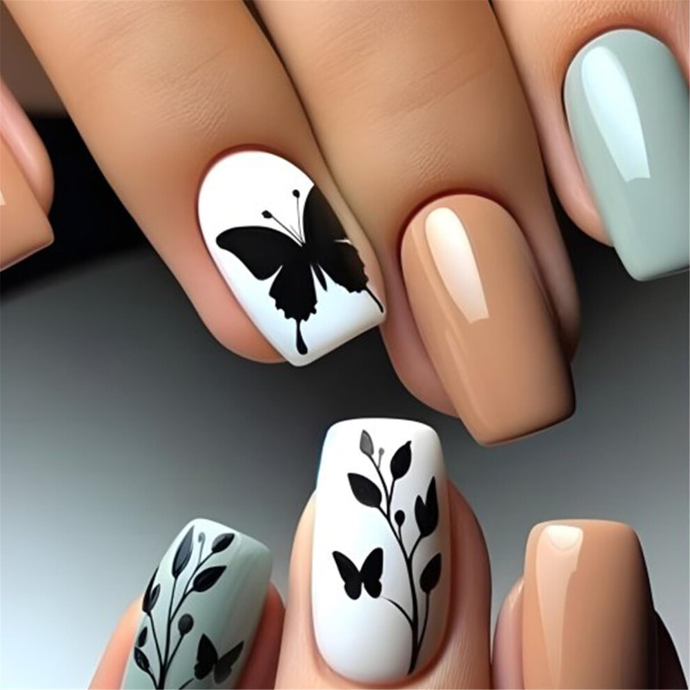 24Pcs Square Press On Nails with Rhinestones French Tip Fake Nails Acrylic Set for Women