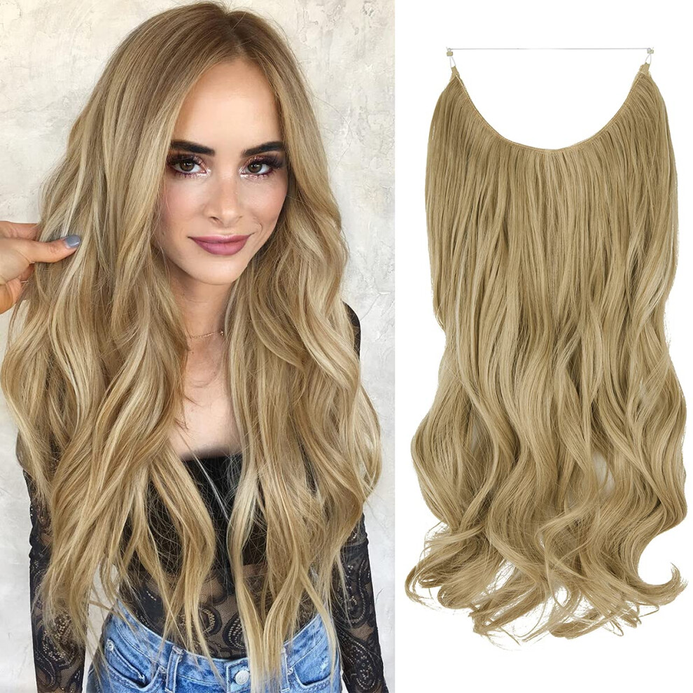 Unisex Light 18 Inch Halo Hair Extensions Curly Ash Blonde And Bleach Blonde Invisible Wire For Women