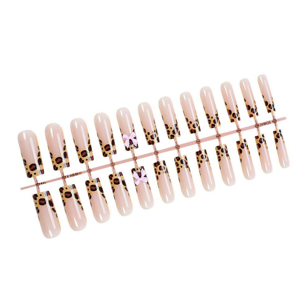 Glossy Press On Nails with 3D Bow and Leopard French Tips, 24pcs False Acrylic Nail Set