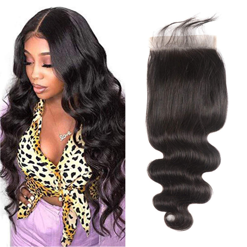 Unisex Brown 6X6 Lace Closure Body Wave Human Hair 14 Inch Pre Plucked Bleached Knots Brazilian Virgin Hair