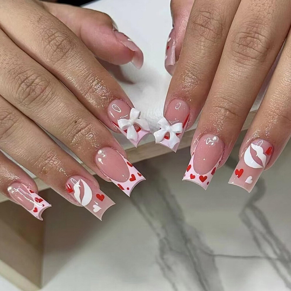24pcs Middle Square Press On Nails with Elegant Bow Charms False Nails for Special Occasions