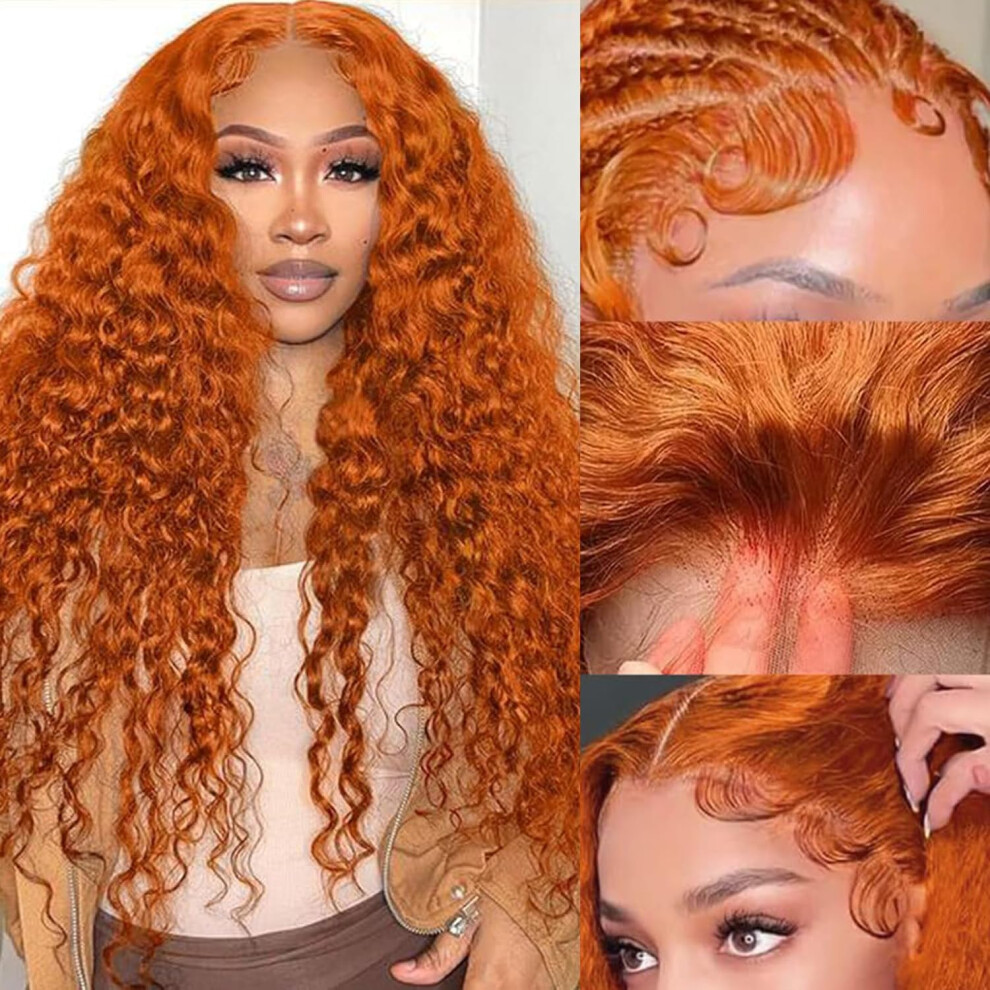 Unisex Orange Ginger Lace Front Wig 30 Inch Human Hair Deep Wave Glueless Pre Plucked 13X4 Hd Natural Hairline