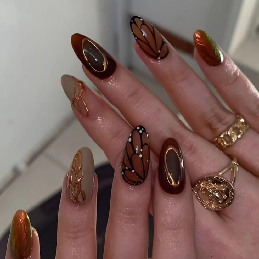 Pink Medium Almond Press On Nails With Butterfly Design, 24Pcs Elegant Fake Nails For Women