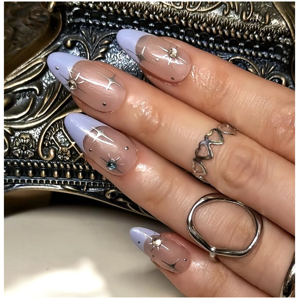 Reusable Blue Press On Nails XS  Handmade French Tip Fake Nail Kit with Durable UV Gel Finish