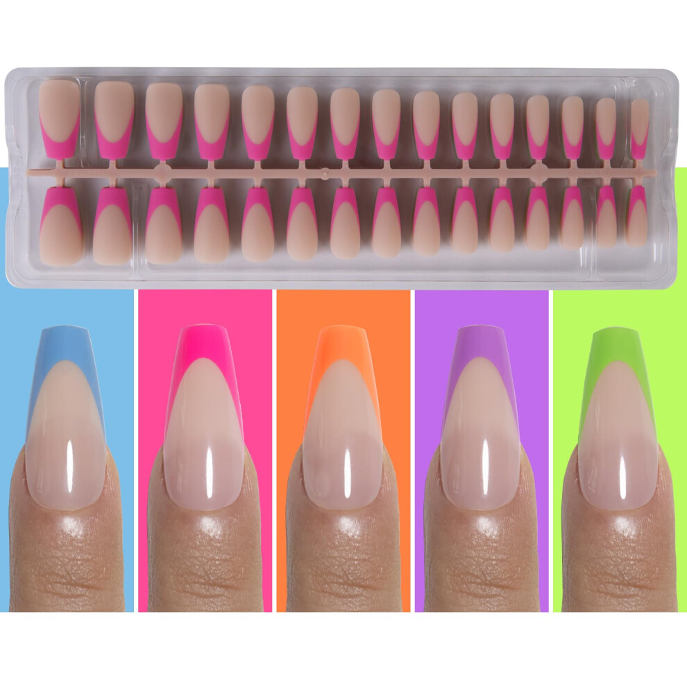 Blue,Pink,Purple Long Coffin Neon French Tip Press On Nails, Soft Gel Fake Nail Set Hot Pink Blue Orange Purple 150Pcs