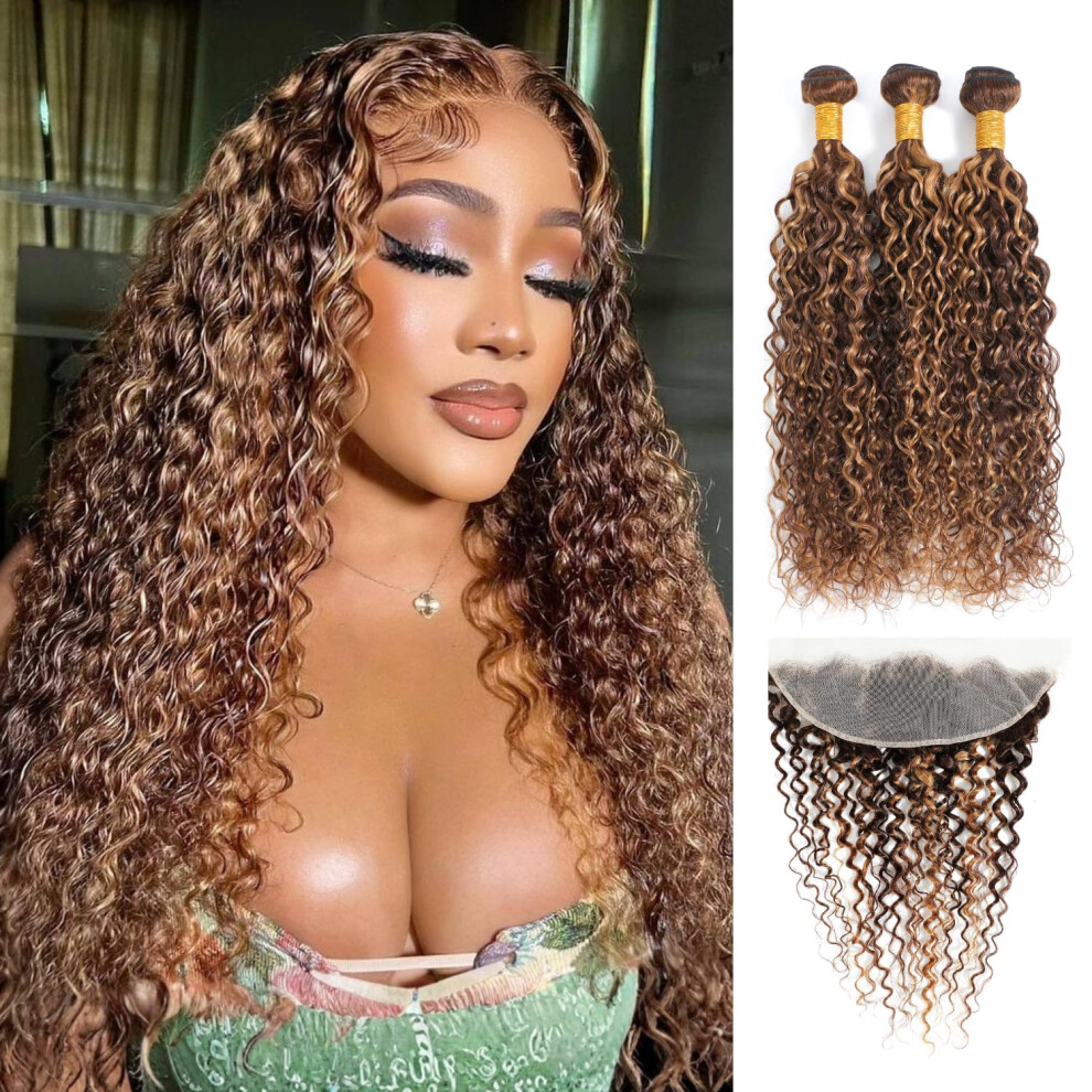 Unisex Honey Blonde Ombre Human Hair Bundles With 13X4 Hd Lace Frontal P4/27 Virgin Water Wave 1216In