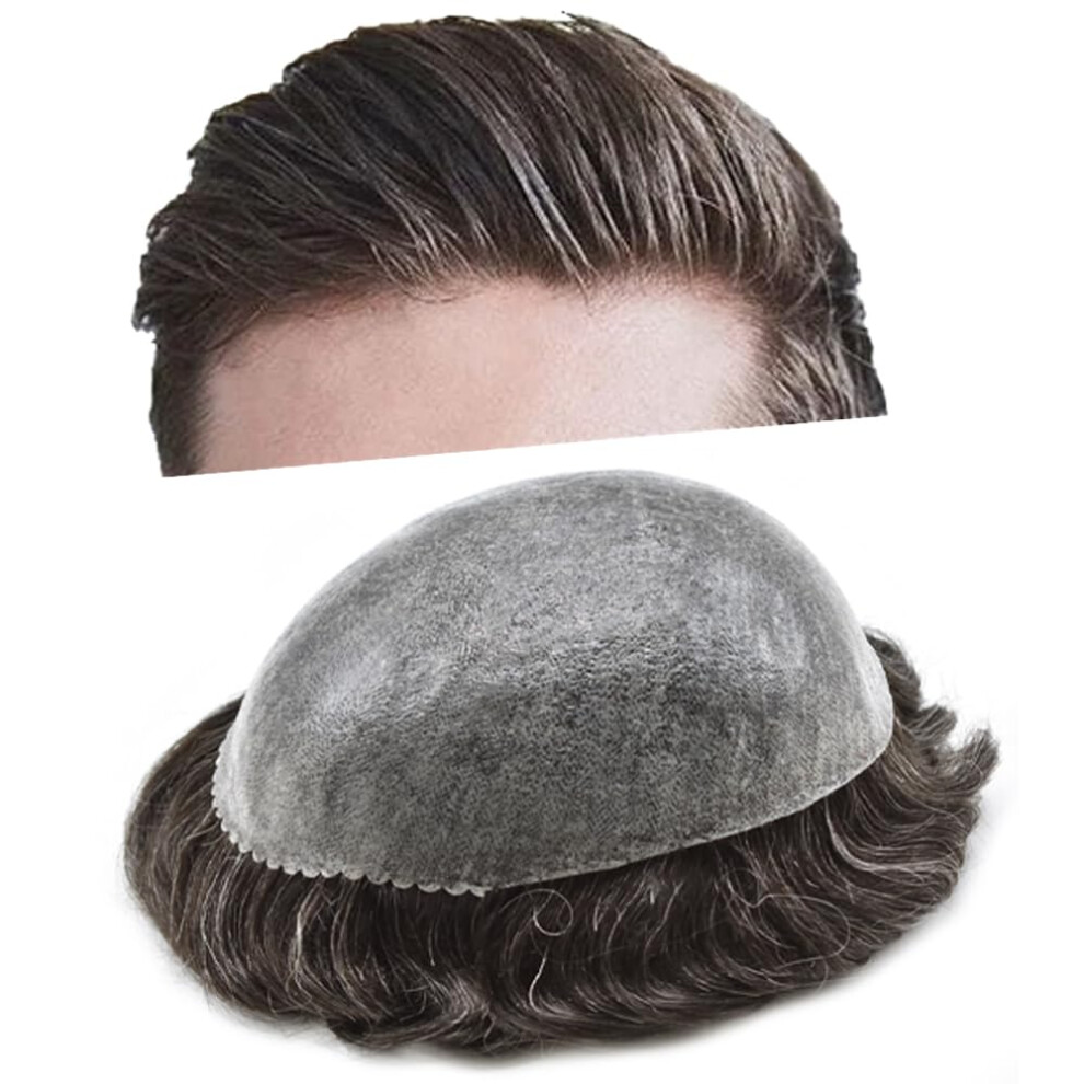 Unisex Dark/Brown/Grey Men's Toupee Human Hair Hairpiece With Natural Hairline, Poly Skin Base, 7X10 +