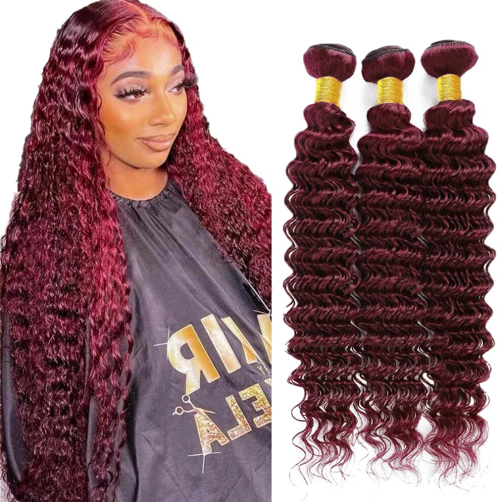99J Burgundy Deep Wave Brazilian Virgin Hair Bundles 30 32 34 Inch Unprocessed Human Hair Extensions
