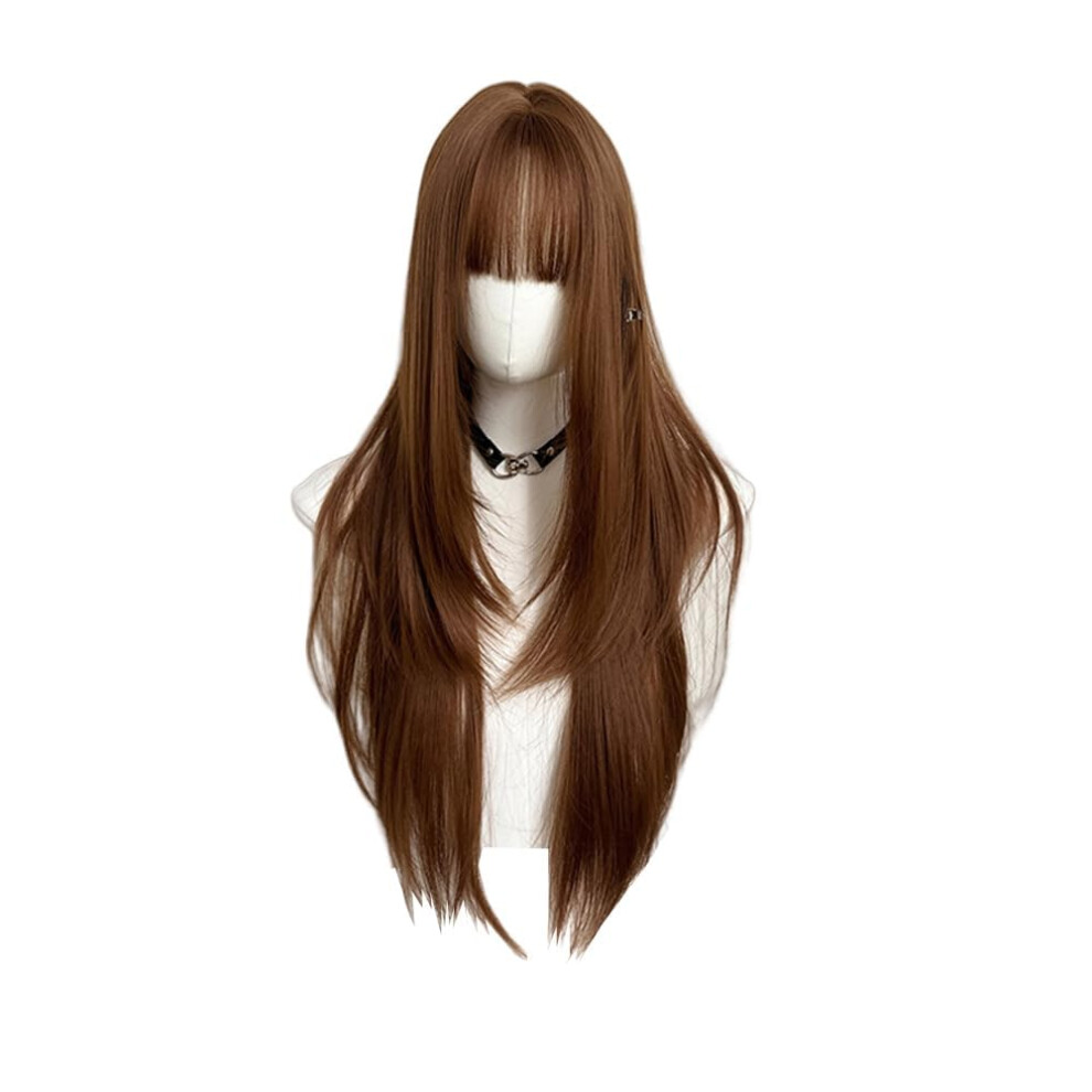 Unisex Brown Long Straight Cosplay Wig For Women With Bangs, HeatâResistant Layered Synthetic Hair