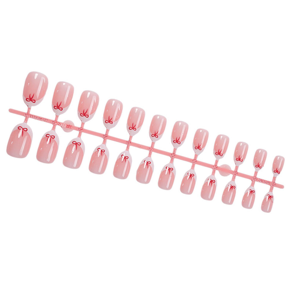 24 Pack Short Almond Artificial Nails with Glossy French Tips and Elegant Bow Accents