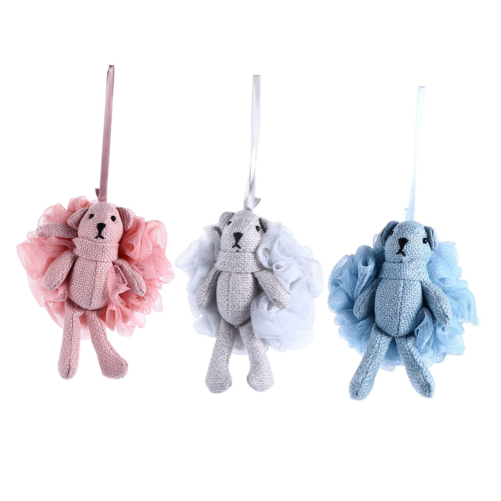 3Pack Bear Bath Loofah Shower Pouf Mesh Sponge for Exfoliating with Handle and Quick Dry Loop