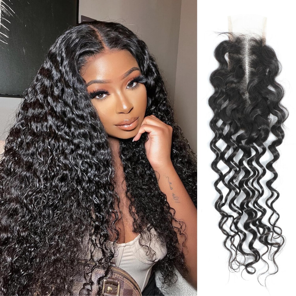 Unisex 18 Inch Hd Lace Water Wave Closure 2X6 Transparent Brazilian Human Hair Pre Plucked Natural Hairline