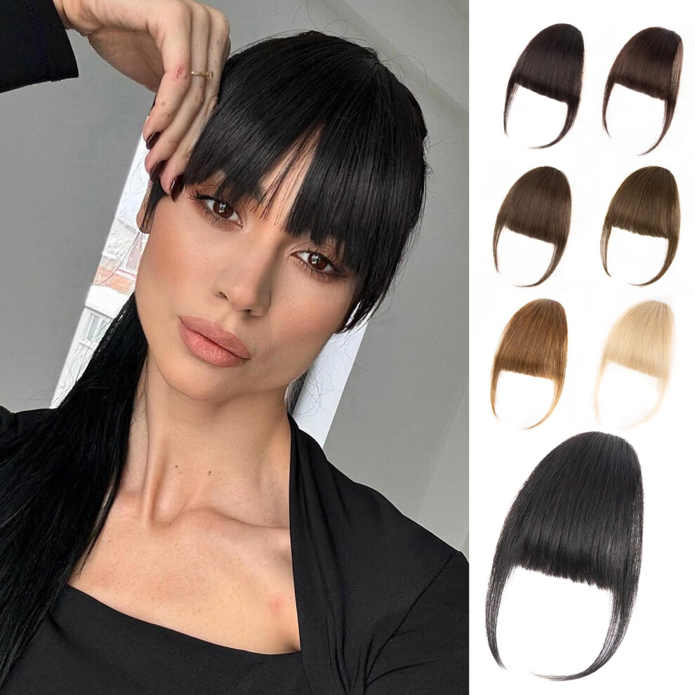 Unisex Black Clip In Bangs Human Hair Natural Wispy Fringe With Temples For Women Instant Hair Transformation