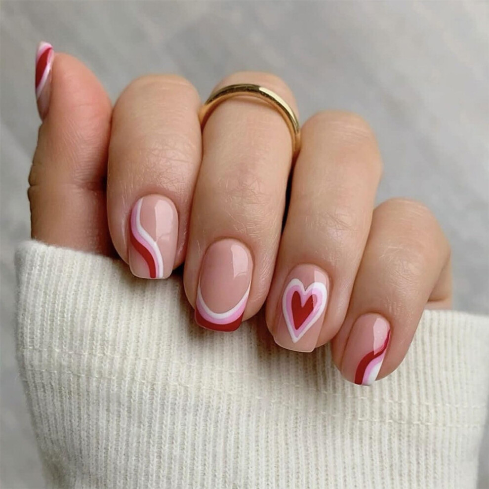 24Pcs Short French Tip Press On Nails with Heart Stripe Accents, Valentines Day False Nails