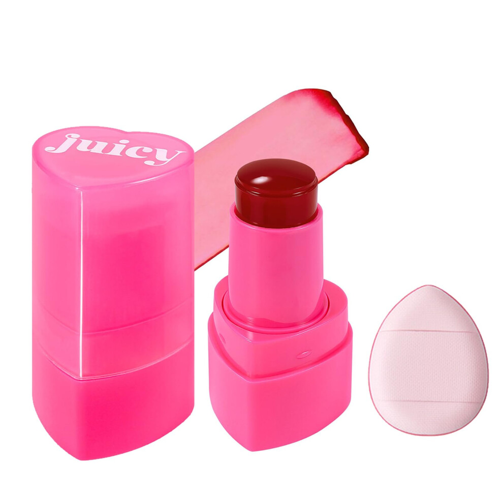 Jelly Tint Blush Stick with Powder Puff, Hydrating MultiUse Lip and Cheek Tint, LongLasting Waterproof