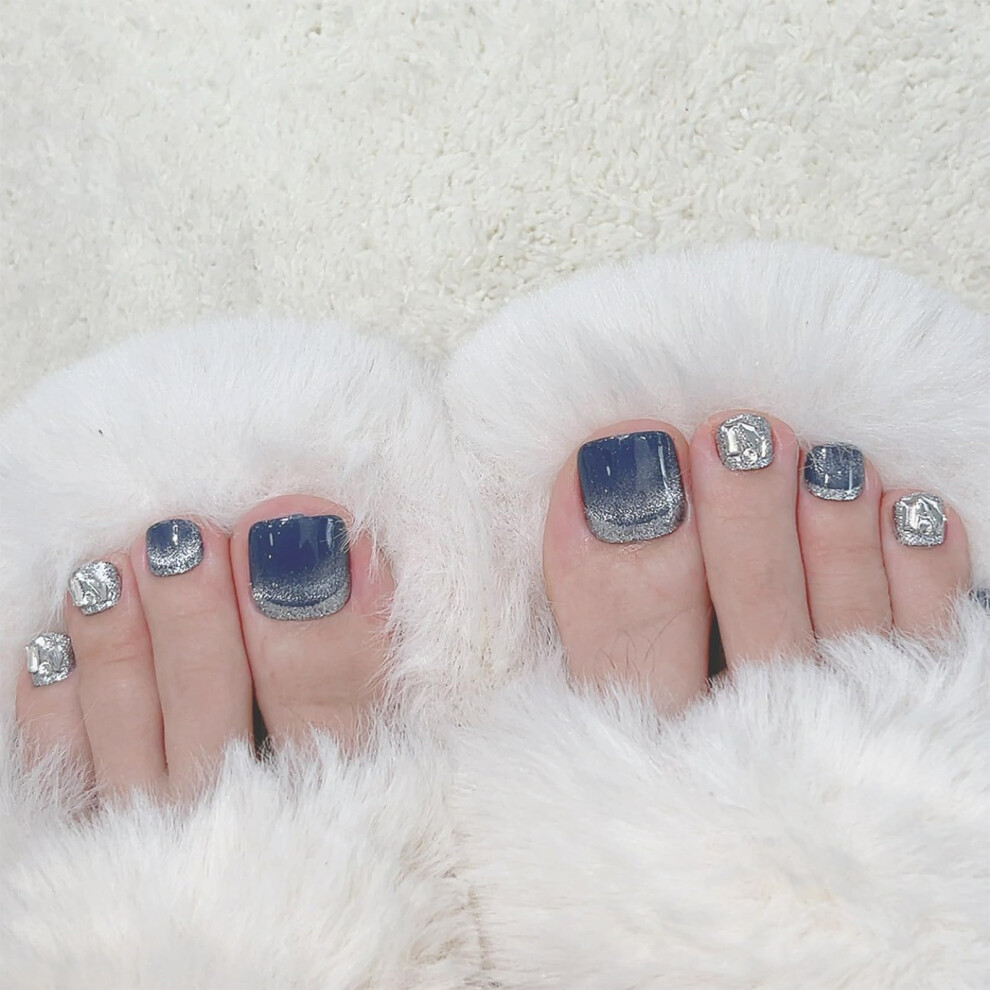 Blue Gray Cat Eye Press On Toenails, Short Square Glossy False Toenails With Mirror Finish Glitter, 24Pcs