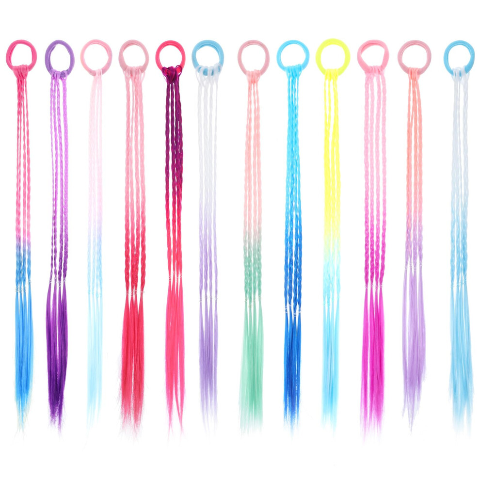 Colored Hair Extensions for Kids Rainbow Braided Wig Hairpieces with Rubber Bands Ponytail Set