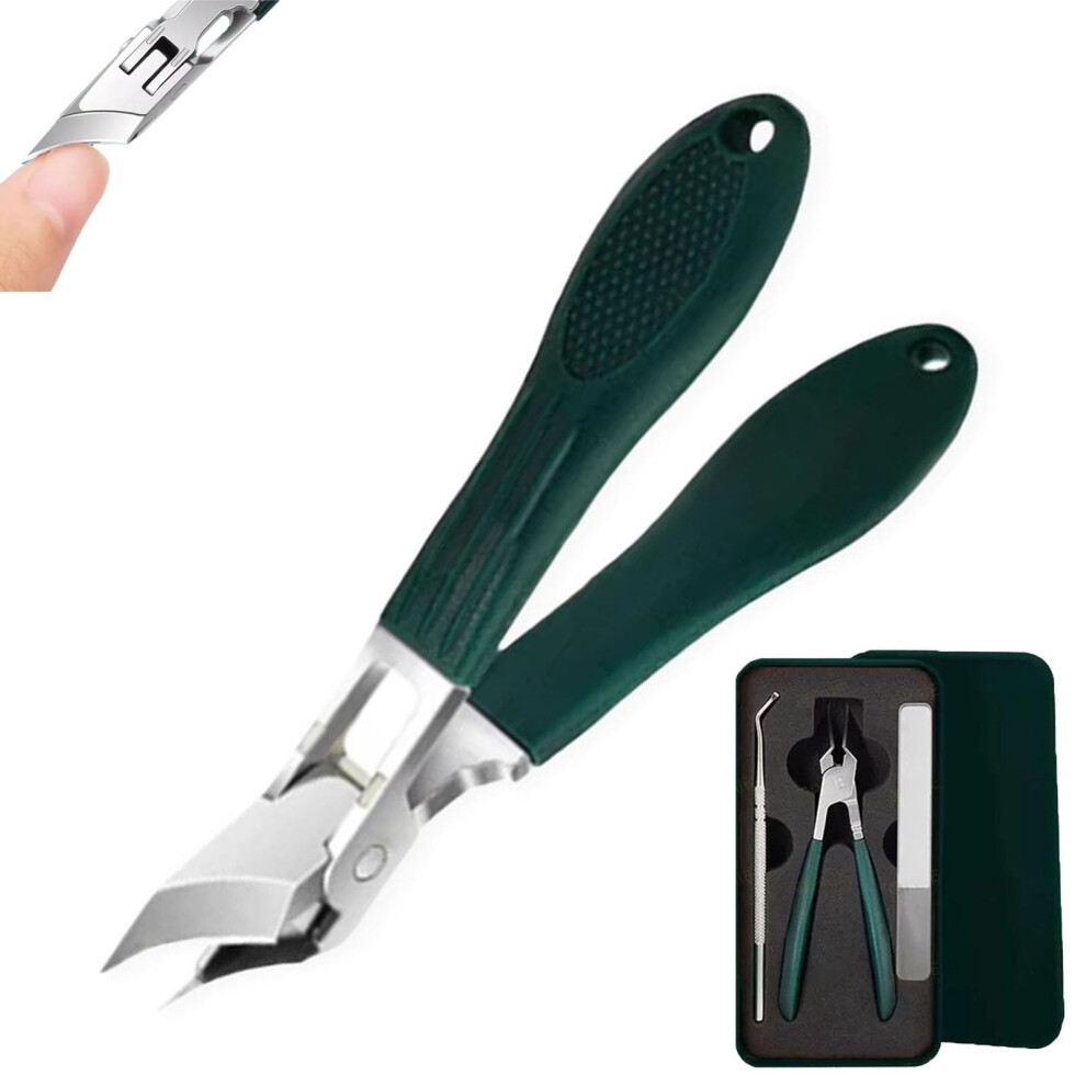 Green Nail Clippers Set With Wide Jaw Toenail Clippers, Antisplash Catcher And Glass File Â