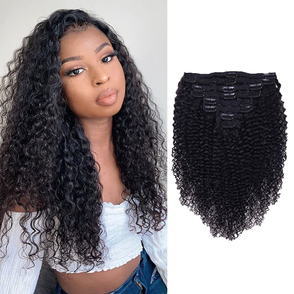 Unisex Black 22 Inch Brazilian Curly Hair Extensions For Women, Remy Human Hair Clip Ins 8Pcs 120G