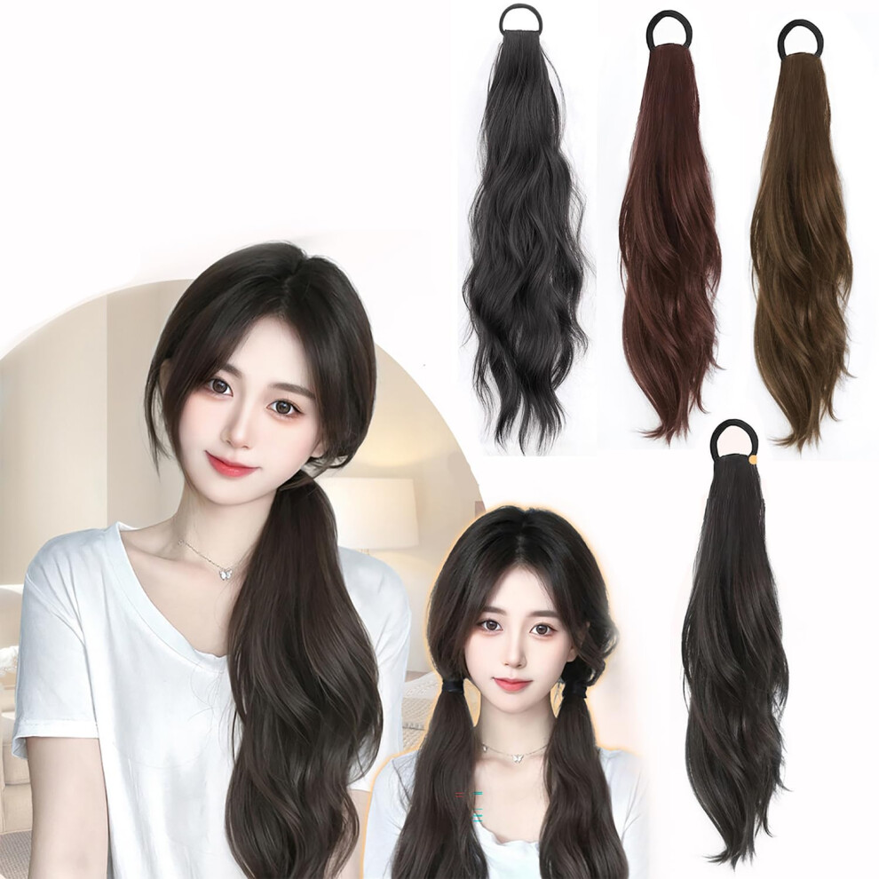 Ponytail Hair Extension 18 Inch Light Brown Natural Wave Synthetic with Secure Claw Clip HeatSafe