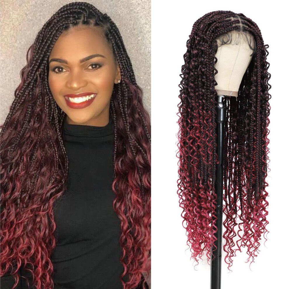 36 Inch Burgundy Boho Box Braided Wig, Full Lace Knotless Style with Baby Hair for Black Women