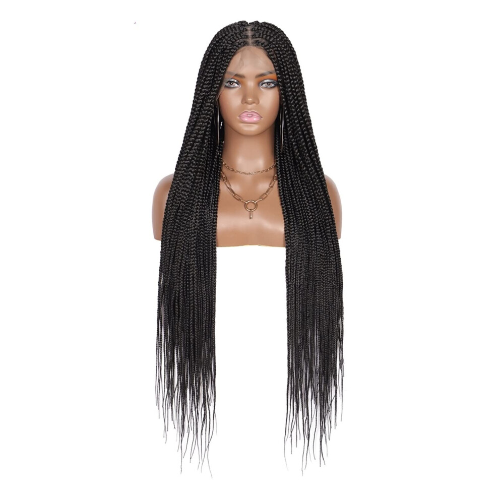 36 Inch Full Lace Braided Wig with Bangs, Triangle Knotless Style for Black Women, Natural Hairline
