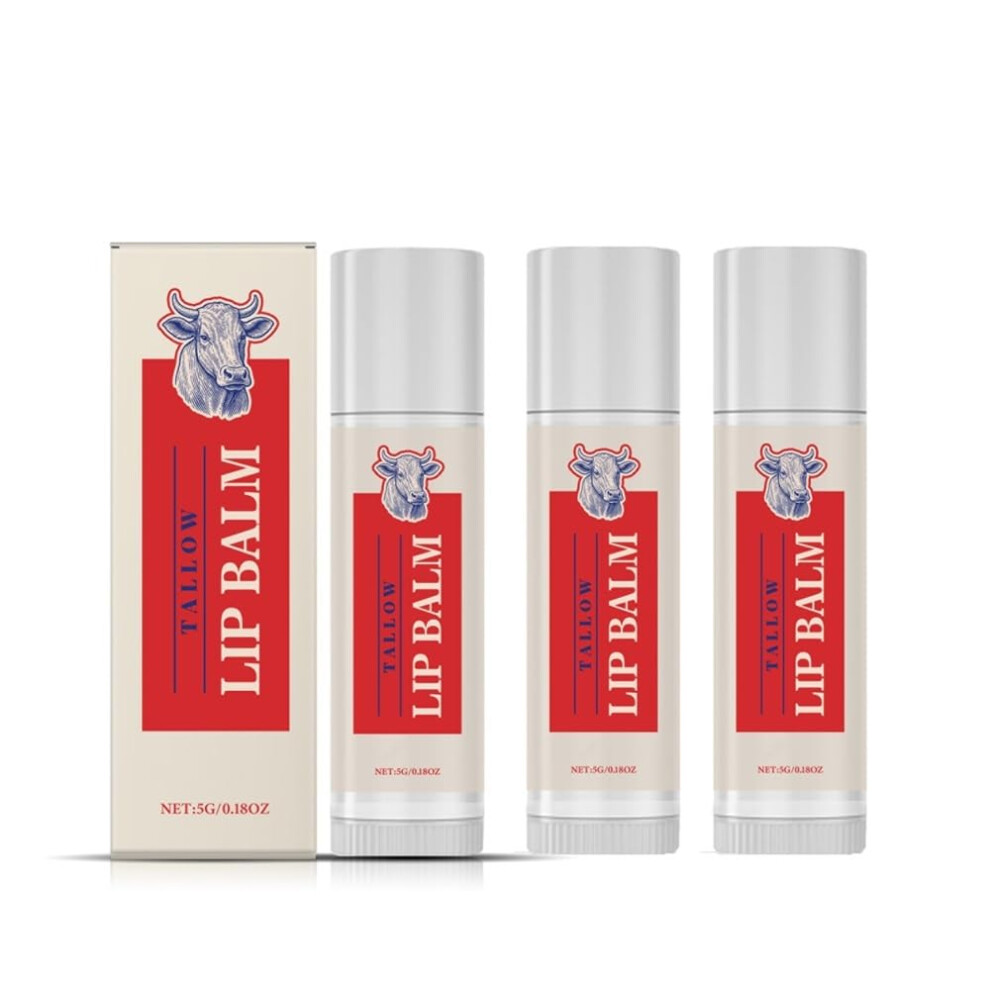 Beef Tallow Lip Balm Organic GrassFed Deep Hydration for Dry Chapped Lips 3 Pack