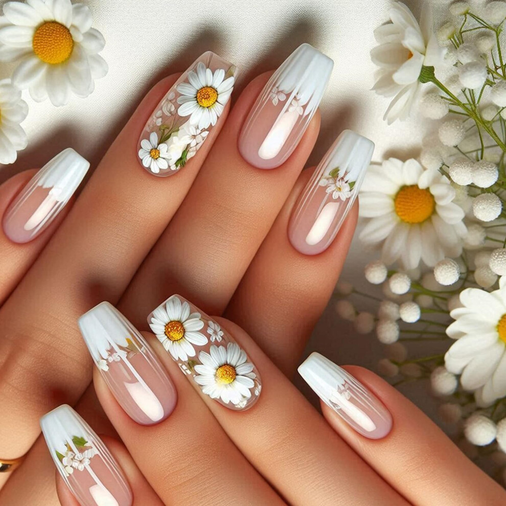24pcs Floral Press On Nails Fake Nails Full Cover Acrylic False Nails for Women Instant Manicure