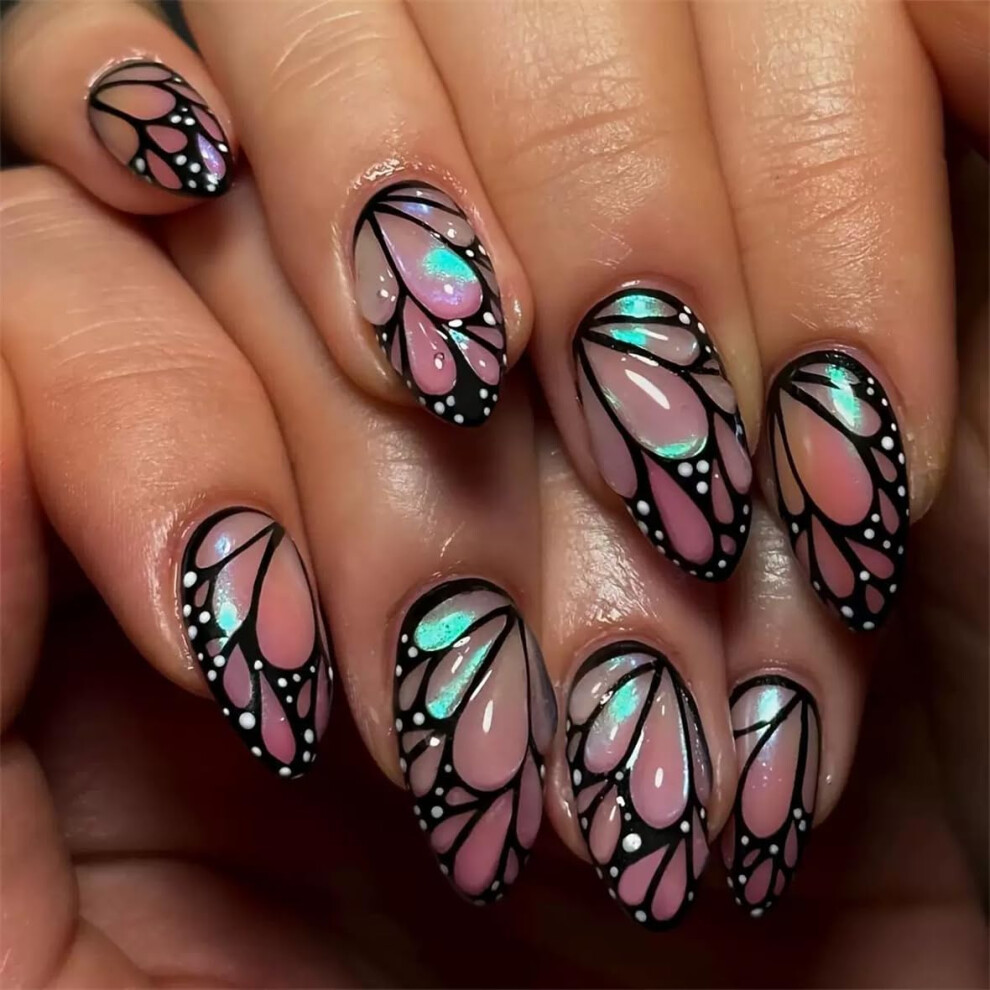 Press on Nails Medium Almond Shape with 3D Butterfly Design, Reusable False Nails Kit with Adhesive Tabs