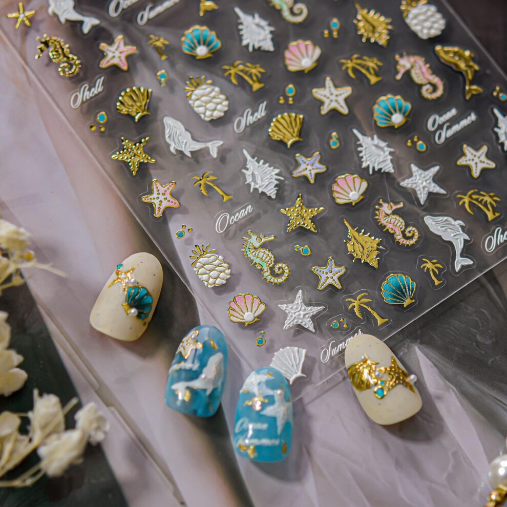 Gold 5D Embossed Ocean Nail Art Stickers With Shell And Starfish Decals Selfadhesive Design