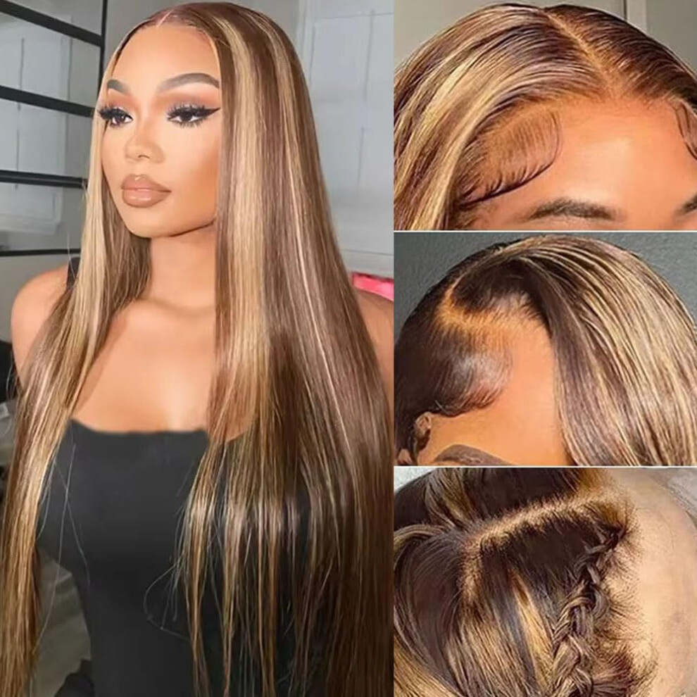 Unisex Hd Lace Front Wig Human Hair 13X6 180 Density 4/27 Honey Blonde Highlight Straight 28Inch