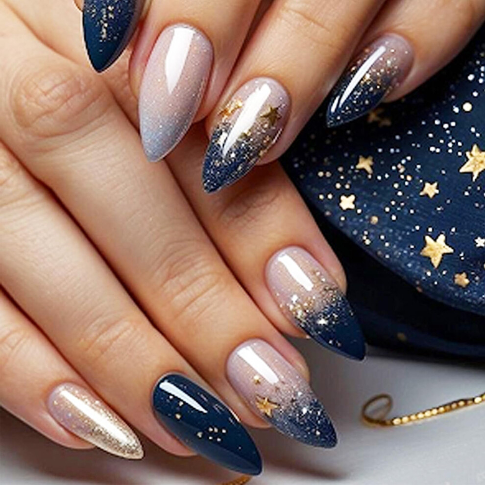 Blue Gradient Press On Nails With Glitter, Medium Almond Fake Nails 24Pcs For Holiday Manicure