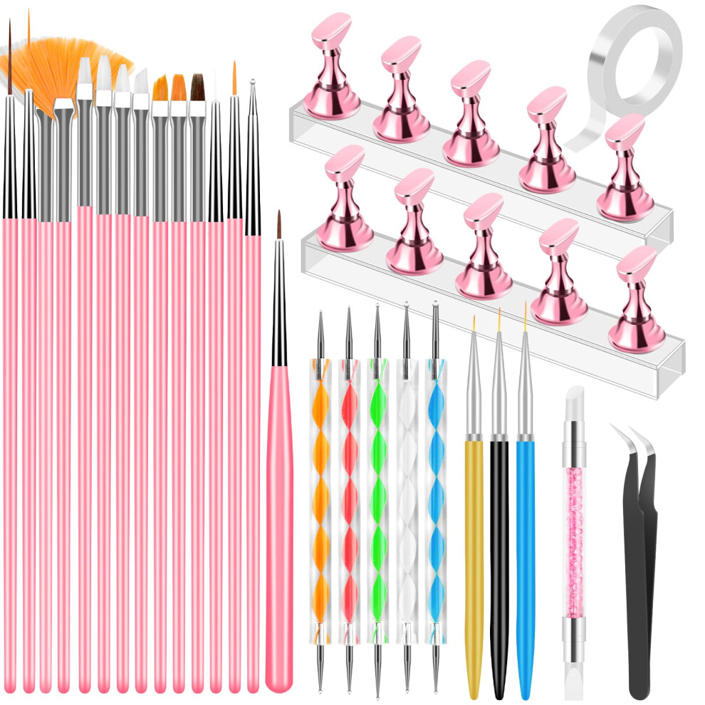 Nail Art Tools Kit 25pcs Pink AllinOne Brushes and Dotting Set with Magnetic Stand for Salon