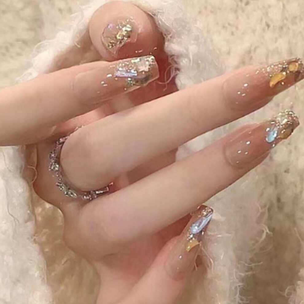 Cream Coffin Press On Nails Nude Medium With Rhinestones 24Pcs Long Lasting Fake Nails For Women