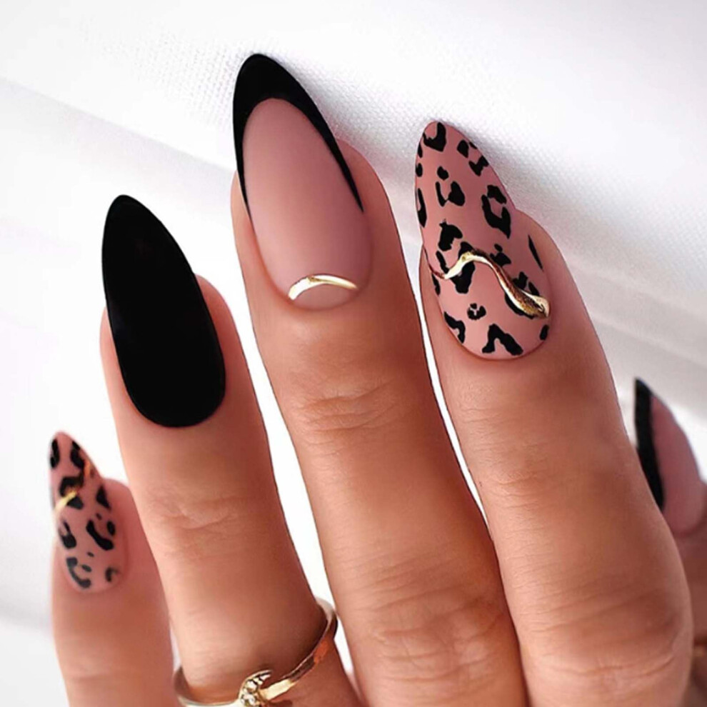Matte Leopard Medium Almond Press On Nails Set for Women, 24PCS Full Cover False Tips