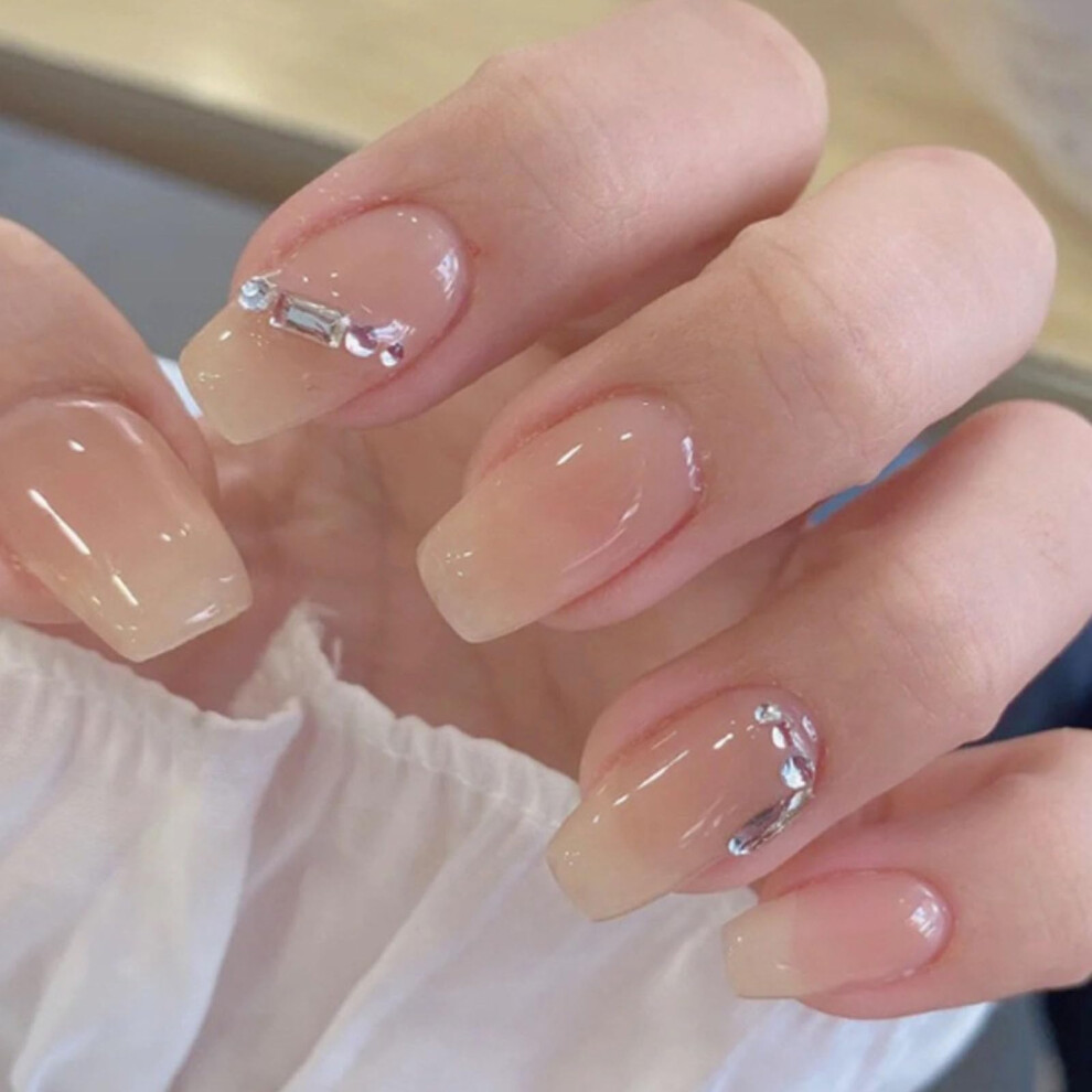 Leopard Print Almond Press on Nails with Rhinestone Design, Medium Length Full Cover False Nails 24PCS