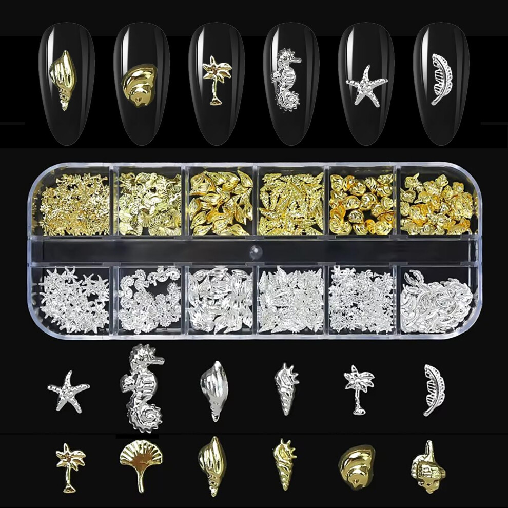 Nail Art Decorations 12 Grids Ocean Theme 3D Nail Charms Gold and Silver Studs for DIY Manicure