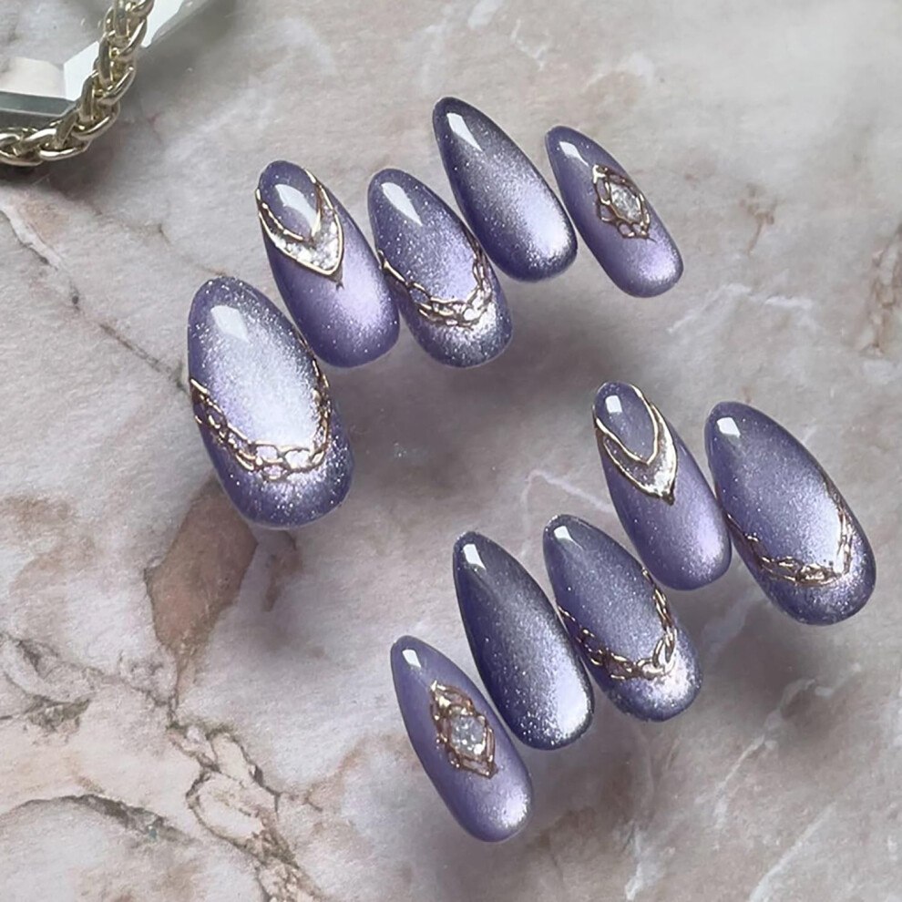 Purple Glossy French Almond Press On Nails Medium Length Acrylic False Fingernails With Charms For Women