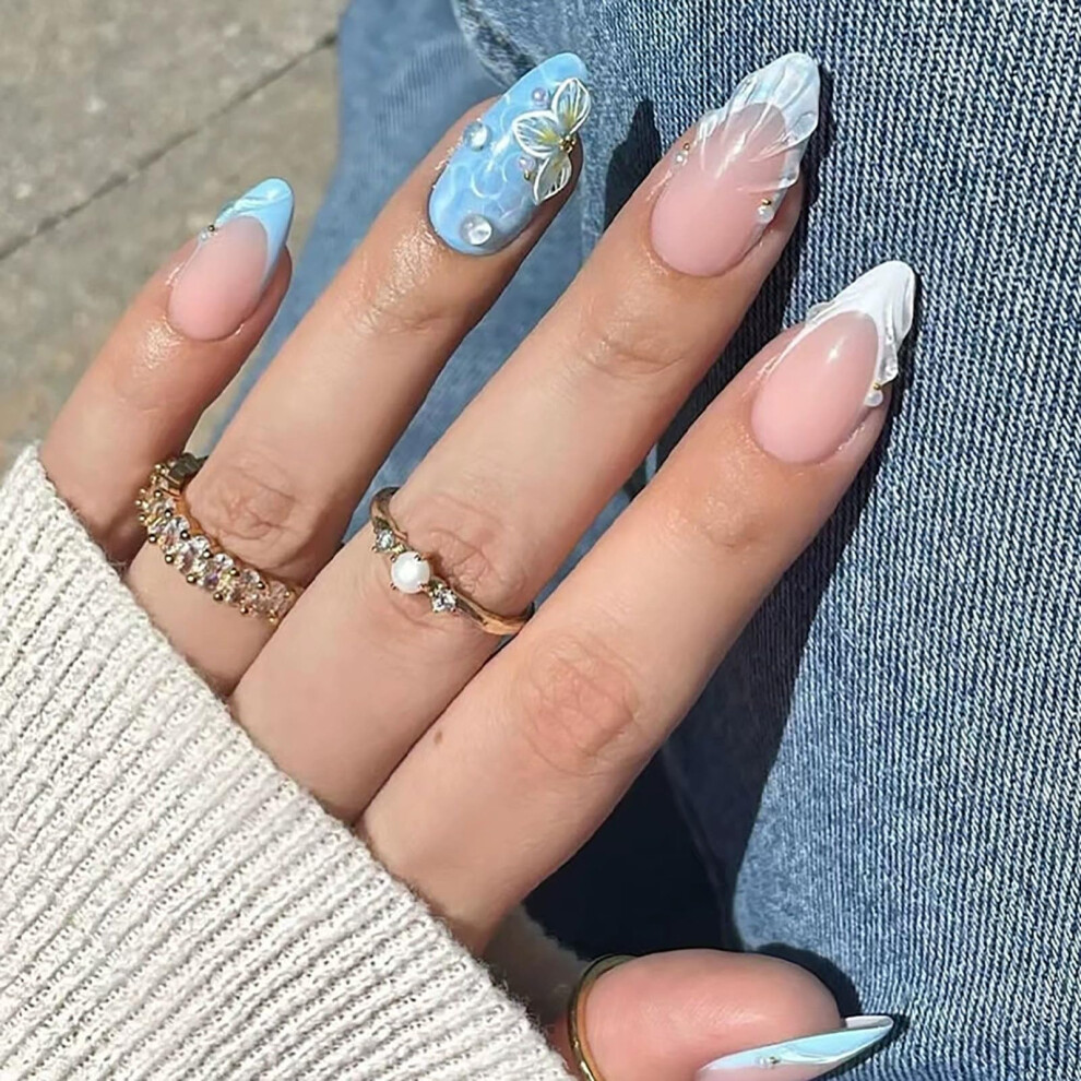 Cream Medium Almond Press On Nails Set With Flower Nude Design And Glossy French Tips, 24Pcs