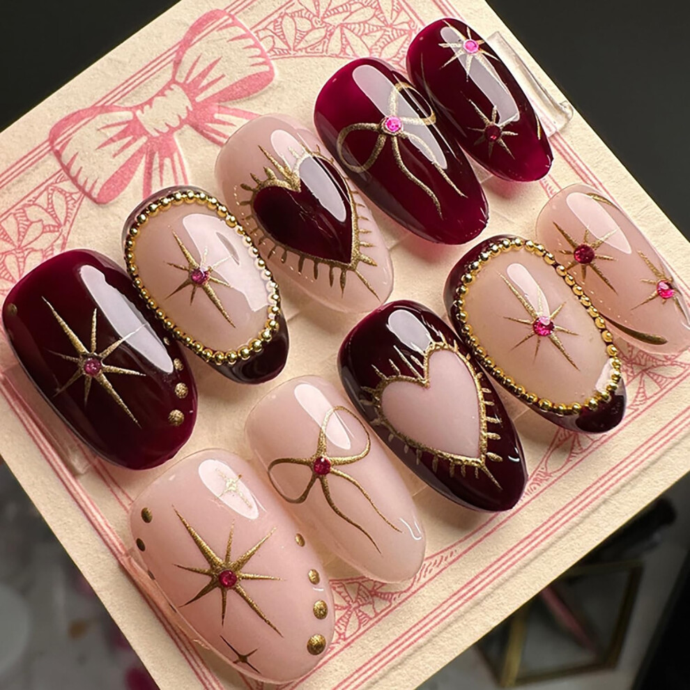 Red Medium Almond French Tip Press On Nails 24Pcs Ballerina Glossy Reusable Fake Nail Kit