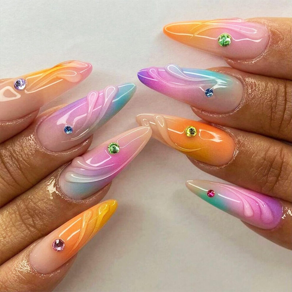 Medium Almond Press On Nails Rainbow Gradient French Tip Fake Nails Glossy Multicolor Acrylic 24pcs