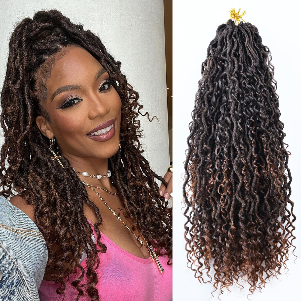 Unisex 18 Inch Prelooped Goddess Locs Crochet Hair Extensions With Curly Ends, 1B/30 Boho Faux Locs