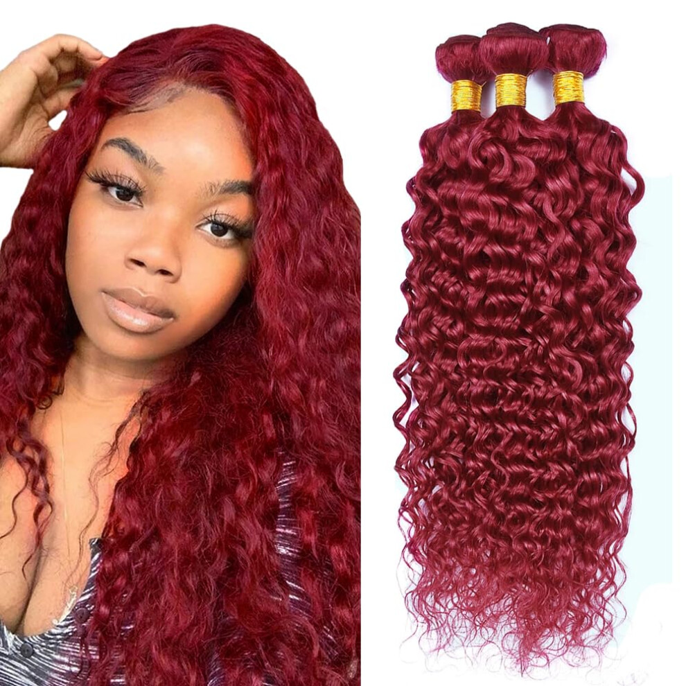 Unisex Red 99J Burgundy Brazilian Water Wave Hair Bundles Virgin Remy 18 Inch Human Hair Extensions 3Pcs