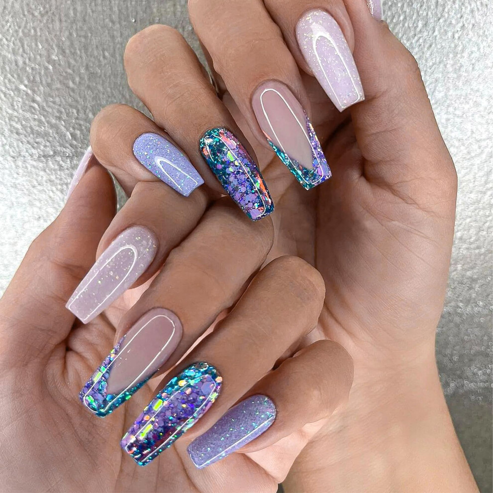 White V French Tip Press On Nails Coffin Fake Nails Luxury Glitter Ballerina Bling 24 Pcs